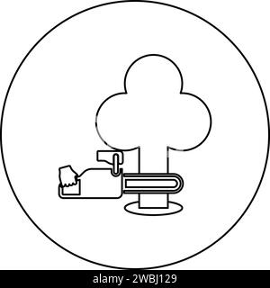 Kettensäge Sägen Baum Holzhäcksler Konzept Holzfäller Holzfäller Schneiden Entwaldung Pflaumen sprinking Symbol im Kreis runden schwarzen Farbvektor Stock Vektor