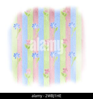 Aquarelltapete an der Wand, Streifen und Blumen. Rosa, Grün, Blau. Farbenfrohe Vintage-Kulisse. Handgezeichnete Illustration isoliert auf weiß Stockfoto