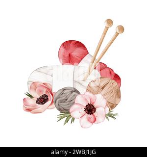 Knäuel aus Wollgarn, Fadenkugel, Holzstricknadeln, Anemonen. Isolierte Aquarellillustration auf weißem Hintergrund. Clipart zum Stricken von Blo Stockfoto