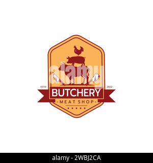 Fleischmesser mit einem Symbol für Kuh Schweinehähnchen. Metzgerei Logo Design Vektor Metzgerei Deli Rindfleisch Fleisch Shop Markt Vintage Hipster Retro Logo Design T Stock Vektor