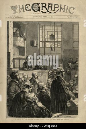 Alte viktorianische Zeitungsseite, Eine Skizze am zentralen Strafgericht während des späten Prozesses von O'Connor, 1872. Im Old Bailey wurde Arthur O’Connor (18 Jahre alt) angeklagt, weil er der Person unserer Lieben Frau der Königin unrechtmäßig eine Pistole überreicht hatte, um sie zu alarmieren. Daraufhin wurde er zu einem Jahr Haft und zwanzig Schlaganfällen mit einem Birkenstab verurteilt. Am 29. Februar 1872 kletterte Arthur O’Connor die Mauer des Buckingham Palace hinauf und stürzte Queen Victorias Kutsche, in der Hoffnung, die Königin dazu zu zwingen, ein Edikt zu unterschreiben, in dem alle politischen Gefangenen Irlands freigelassen werden. Stockfoto