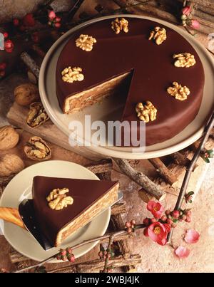 Schokoladen-Mousse-Kuchen rund mit Scheibe in Platte – Studio-Fotografie-Setup Stockfoto