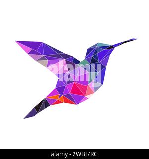 Polygonales Vogellogo. Dreiecksmosaik. Kolibri-Logo. Vogel mit Flügeln, Federn und Schnabel isoliert auf weißem Hintergrund. Stock Vektor