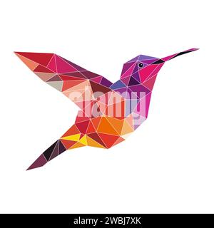 Polygonales Vogellogo. Dreiecksmosaik. Kolibri-Logo. Vogel mit Flügeln, Federn und Schnabel isoliert auf weißem Hintergrund. Stock Vektor