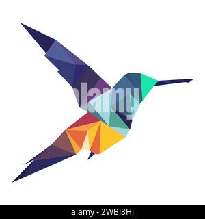 Polygonales Vogellogo. Dreiecksmosaik. Kolibri-Logo. Vogel mit Flügeln, Federn und Schnabel isoliert auf weißem Hintergrund. Stock Vektor