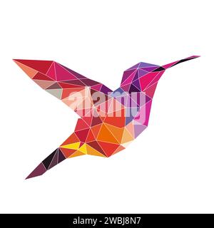 Polygonales Vogellogo. Dreiecksmosaik. Kolibri-Logo. Vogel mit Flügeln, Federn und Schnabel isoliert auf weißem Hintergrund. Stock Vektor