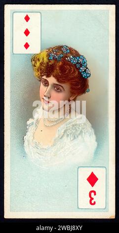 Schönheiten Spielkarten, drei Diamanten - Vintage Zigarettenkarte Illustration Stockfoto