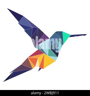 Polygonales Vogellogo. Dreiecksmosaik. Kolibri-Logo. Vogel mit Flügeln, Federn und Schnabel isoliert auf weißem Hintergrund. Stock Vektor