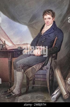 Robert Fulton (* 14. November 1765 in Little Britain, Lancaster County, Provinz Pennsylvania, verstorben am 24. November. Februar 1815 in New York) war ein US-amerikanischer Ingenieur, er baute die ersten brauchbaren Dampfschiffe und das U-Boot Nautilus, nach einem Gemälde von Alonzo Chappel (1828–1878), Historisch, digital restaurierte Reproduktion von einer Vorlage aus dem 19. Jahrhundert, Datum nicht angegeben Stockfoto