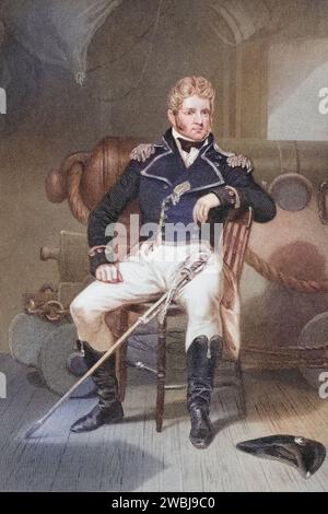 Thomas Macdonough Jr. (* 21. Dezember 1783 im New Castle County, Delaware, verstorben 10. November 1825 auf See bei Gibraltar) war ein US-amerikanischer Marineoffizier, nach einem Gemälde von Alonzo Chappel (1828–1878), Historisch, digital restaurierte Reproduktion von einer Vorlage aus dem 19. Jahrhundert, Datum nicht angegeben Stockfoto