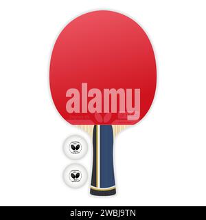 Realistischer Tennisschläger. Schläger für Tischtennis. Tischtennis. Professionelle Sportausrüstung. ITTF. Rotes Pad, Gummi. Angriffsseite. Trainingsball. Stock Vektor
