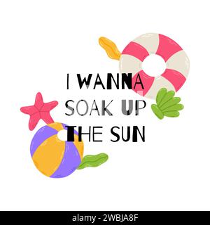 Sommerpostkarte mit Schriftzug und niedlichen Strandelementen: Ball, Seesterne, Rettungsschwimmer. Handgezeichnete flache Zeichentrickelemente. Vektorabbildung Stock Vektor