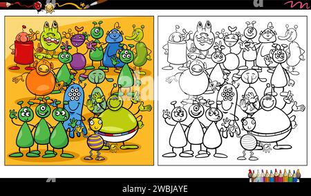 Comic-Illustration von lustigen Aliens Comic-Charakteren Gruppe Ausmalseite Stock Vektor