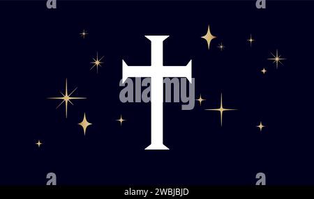 Christliches religiöses Kreuz. Symbol Religionskreuz auf dunklem Hintergrund, glänzende goldene Sterne. Weißes Gebetskreuz, religiöses Symbol, goldene Sterne, schwarzer christlicher glaube. Vektorabbildung Stock Vektor