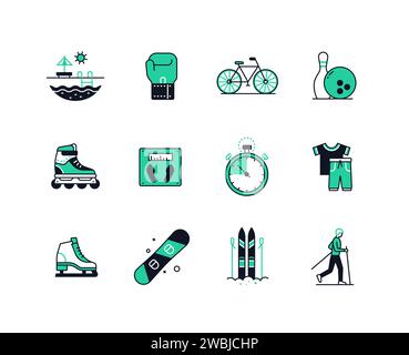 Saisonale Sport- und Unterhaltungsangebote – Symbole im Liniendesign Stock Vektor