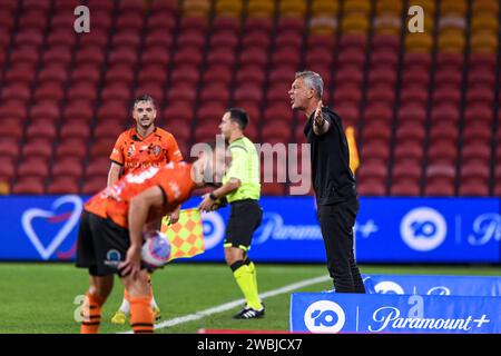 Trainer Marko Rudan, der in der 6. Runde des A-League-Herrenfußballs ein Fohlen fordert, Brisbane Roar gegen Western Sydney Wanderers, Suncorp Stadium, Brisbane, Stockfoto