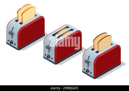 Isometrischer roter Toaster mit geröstetem Brot auf weißem Hintergrund. Frisches knuspriges Weizenbrot. Ein Gerät zum Toasten von Brot. Stock Vektor