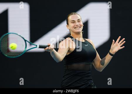 11. Januar 2024: Aryna Sabalenka in Aktion in der Rod Laver Arena bei einer Benefizveranstaltung für die Australian Tennis Foundation vor den Australian Open, die am 14. Januar beginnen. Sydney Low/Cal Sport Media Stockfoto