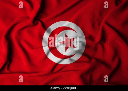 Selektiver Fokus der tunesischen Flagge mit gewellter Stoffstruktur. 3D-Abbildung Stockfoto