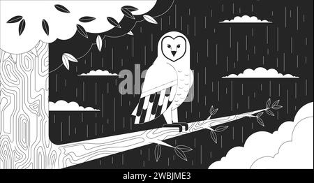 Eule sitzt auf Baumzweig in der Nacht regnerische schwarz-weiße Lofi-Tapete Stock Vektor