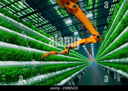 Präzisionsroboter revolutionieren die Landwirtschaft: Ein effizienter, automatisierter Arm arbeitet inmitten üppiger Grünflächen in einem hochmodernen hydroponischen vertikalen FAR Stockfoto