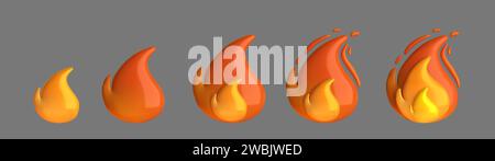 Setzen Sie das Symbol 3D Feuerflammensymbol auf grauen Hintergrund. Illustration im Cartoon-Kunststoff-Stil.Vektorillustration Stock Vektor
