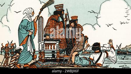Xerxes I. beobachtet die Schlacht von Salamis von dem Thron, den er auf den Hängen des Berges Aigaleo, 480 v. Chr., aufstellen ließ. Von Donn Philip Crane (1878–1944). Die Schlacht von Salamis war eine Seeschlacht, die 480 v. Chr. zwischen einer Allianz griechischer stadtstaaten unter Themistokles (c524–C459 v. Chr.) und dem Persischen Reich unter Xerxes I. (c518–465 v. Chr.) ausgetragen wurde. Es führte zu einem entscheidenden Sieg für die zahlenmäßig unterlegenen Griechen. Die Schlacht markiert den Höhepunkt der zweiten persischen Invasion Griechenlands. Stockfoto