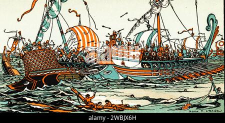 Die Schlacht von Salamis, 480 v. Chr. Von Donn Philip Crane (1878–1944). Die Schlacht von Salamis war eine Seeschlacht, die 480 v. Chr. zwischen einer Allianz griechischer stadtstaaten unter Themistokles (c524–C459 v. Chr.) und dem Persischen Reich unter Xerxes I. (c518–465 v. Chr.) ausgetragen wurde. Es führte zu einem entscheidenden Sieg für die zahlenmäßig unterlegenen Griechen. Die Schlacht markiert den Höhepunkt der zweiten persischen Invasion Griechenlands. Stockfoto