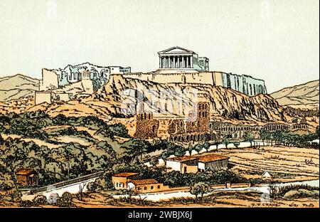 Die Akropolis von Athen, 1930. Von Donn Philip Crane (1878–1944). Die Akropolis von Athen ist eine antike Zitadelle oberhalb der Stadt Athen, Griechenland. Während es Hinweise gibt, dass der Hügel bereits im vierten Jahrtausend v. Chr. bewohnt wurde, war es Perikles (um 429 v. Chr.) im fünften Jahrhundert v. Chr., der den Bau der Gebäude koordinierte, deren heutige Überreste die wichtigsten sind, darunter der Parthenon, die Propyläen, das Erechtheion und der Tempel der Athena Nike. Stockfoto