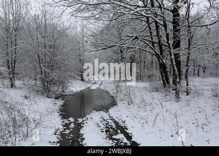 Winterlandschaft mit Pfütze auf unbefestigtem Weg im Wald. Nehmen Sie es in der Ukraine Stockfoto