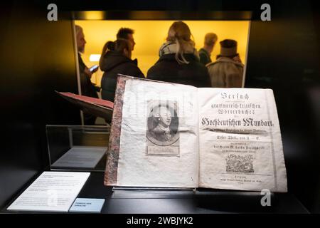 Das Deutsche Romantik-Museum in Frankfurt am Main zeigt Portraets, Buecher und Handschriften, die zeitgleich mit Johann Wolfgang von Goethes 1749 bis 1832 Buch die Leiden des jungen Werthers 1774 entstanden sind. Mit der Schau wolle man deutlich machen, in welchem Umfeld der Roman vor 250 Jahren seine gewaltige Wirkung entfalten konnte und zu einem großen Publikumserfolg war, sagte Kurator Johannes Saltzwedel. Die Ausstellung Werthers Welt - das Werther-Jahr 1774 basiert auf Saltzwedels gleichnamigen Buch und ist bis zum 30. Dezember zu sehen. Im Foto vom 11.01.2024: Woerterbuch der Hochdeu Stockfoto