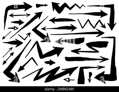 Handgezeichneter Satz verschiedener Pfeile, in verschiedenen Formen und Formen, gemalt mit Tintenpinsel, isoliert auf weißem Hintergrund. Vektorgrafik Stock Vektor