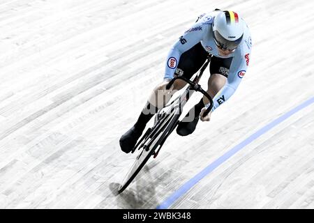 Apeldoorn, Niederlande. Januar 2024. Die belgische Nicky Degrendele wurde während des Frauensprints bei der UEC Track Elite Europameisterschaft 2024 in Apeldoorn, Niederlande, am Donnerstag, den 11. Januar 2024, in Aktion gezeigt. Die Europameisterschaften finden vom 10. Bis 14. Januar statt. BELGA FOTO DIRK WAEM Credit: Belga News Agency/Alamy Live News Stockfoto