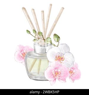 Weihrauchstäbchen aus Holz in einer transparenten Glasflasche mit Orchideenblüten. Handgezeichnete Illustration isoliert auf weißem Hintergrund. Aromatherapie-Zubehör. Stockfoto