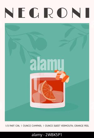 Negroni Cocktail in altmodischem Glas mit Eis. Aperol Campari alkoholisches Getränk mit Orangenschale und Zitrusscheibe auf Hintergrund mit Schatten von ora Stock Vektor