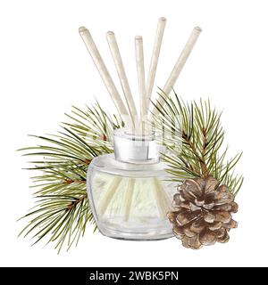 Weihrauchstäbchen aus Holz in einer transparenten Glasflasche mit Tannenzweig und Kegel. Handgezeichnete Illustration isoliert auf weißem Hintergrund. Aromatherapiezugänge Stockfoto