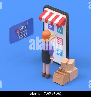 Banner für das Konzept des Online-Einkaufs mit Schriftzeichen. Kann für Webbanner, Infografiken, Heldenbilder verwendet werden.3D-Illustration des asiatischen Mannes Felix.3D-Rendering auf b Stockfoto
