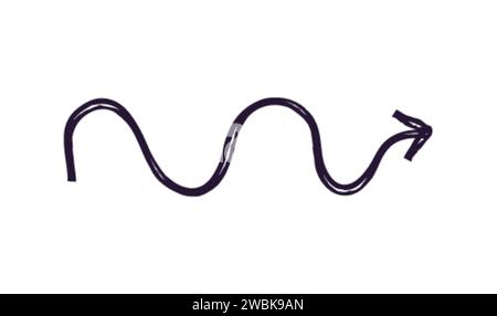 Handgezeichneter Kreidepfeil mit Holzkohle. Kurviger und welliger Pfeil isoliert auf weißem Hintergrund. Quietschen oder Kritzelschlag. Element für Diagramme. Vec Stock Vektor