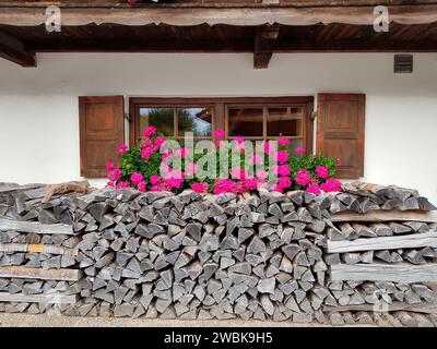 Holz vor einem Bauernhaus mit Blumenschmuck Stockfoto