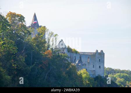 Burgruine Rudelsburg bei Bad Kösen, Naumburg, Sachsen-Anhalt, Deutschland, Europa Stockfoto
