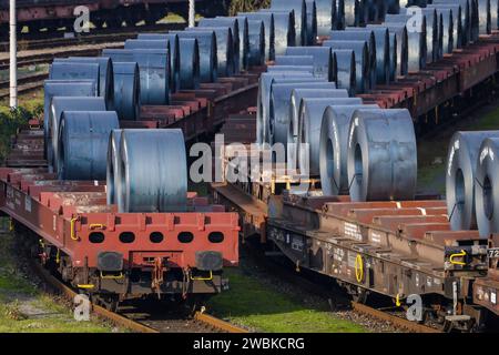 Duisburg, Ruhrgebiet, Nordrhein-Westfalen, Deutschland, ThyssenKrupp Steel Europe, Stahlspulen aus dem Heißband-Werk kühlen auf Güterwagen im Außenbereich ab Stockfoto