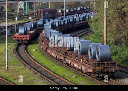 Duisburg, Ruhrgebiet, Nordrhein-Westfalen, Deutschland, ThyssenKrupp Steel Europe, Stahlspulen aus dem Heißband-Werk kühlen auf Güterwagen im Außenbereich ab Stockfoto