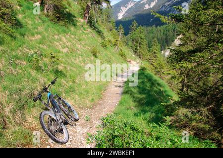 E-Bike am Wegesrand, Fischbachtal, Richtung Hinterriss, Soiern, Alpenwelt Karwendel, Krün, Deutschland, Bayern, Oberbayern Stockfoto