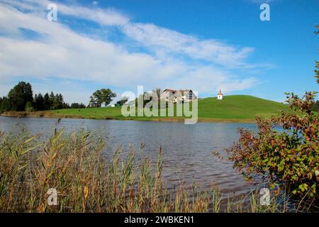 Kapelle am See und Bauernhof am Hergatsrieder See, bei Forgensee, gemeines Schilf (Phragmites australis), Hergatsried, Halblech, Allgäuer Alpen, Bayern Stockfoto