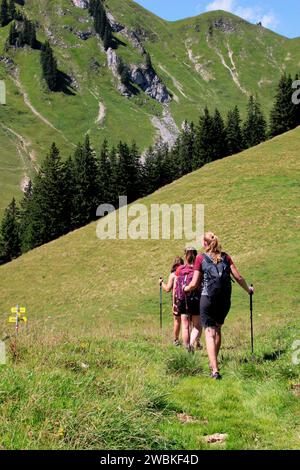 Wandergruppe von 3 Frauen, Abfahrt von Gröbner Hals zur Tiefenbachalm in Bächental, Eben am Achensee, Tirol, Österreich Stockfoto