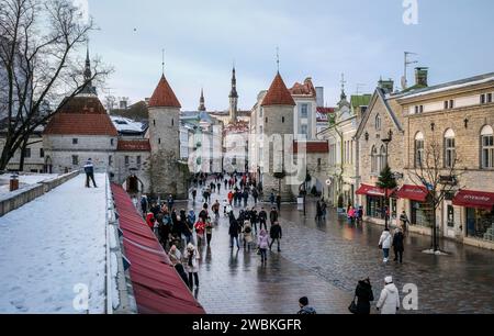 Tallinn, Estland - Altstadt von Tallinn, Lehm Tor, Wachtürme des mittelalterlichen Stadttors Viru, die Viru ist die wichtigste Einkaufsstraße der Stadt, hinter dem Turm des Rathauses am Rathausplatz. Stockfoto