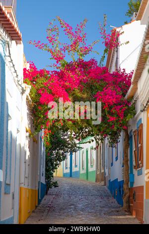 Ferragudo, Algarve, Portugal.26. september 2020. Traditionelle weiße Häuser mit Ziegeldächern in engen Gassen, die mit Bougainvillea-Blumen im geschmückt sind Stockfoto