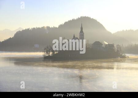 Glitzernder Bleder See am eisigen frühen Morgen unter den ersten Sonnenstrahlen, während Nebel verdunstet. Stockfoto