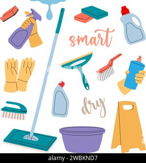 Satz Reinigungswerkzeuge. Toilettenreiniger, Handtücher, Lappen, Handschuhe, Schwämme, Waschlappen, Bürsten. Wartungsausrüstung für die allgemeine Ordnung und Sauberkeit. Vektorabbildung. Stock Vektor