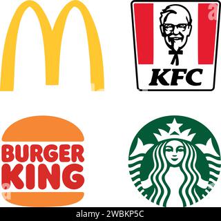 Logos von McDonalds, KFC, Starbucks, Burger King. Beliebte Fast-Food-Restaurants. Vektor. Stock Vektor